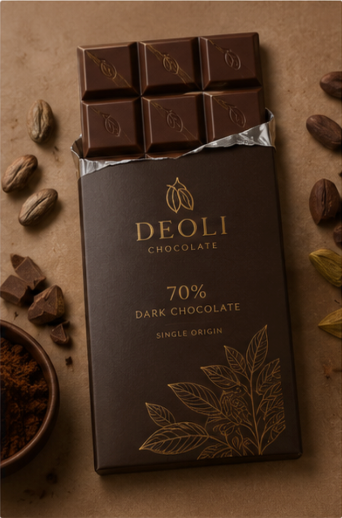 A bar of DEOLI 70% dark chocolate in its wrapper, styled on a textured brown background with scattered cocoa beans, chocolate pieces, and a small bowl of cocoa powder.